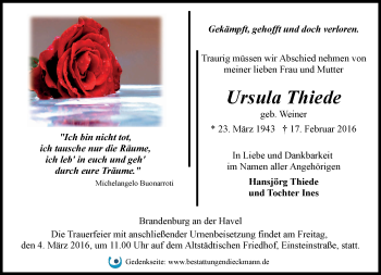 Traueranzeige von Ursula Thiede von Märkische Oderzeitung