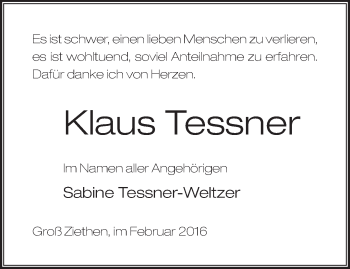 Traueranzeige von Klaus Tessner von Märkische Oderzeitung