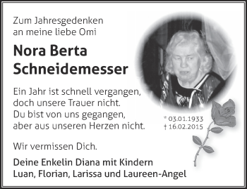 Traueranzeige von Nora Berta Schneidemesser von Märkische Oderzeitung