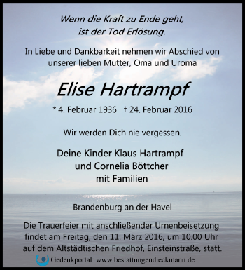 Traueranzeige von Elise Hartrampf von Märkische Oderzeitung