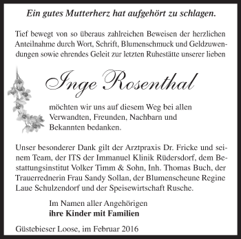 Traueranzeige von Inge Rosenthal von Märkische Oderzeitung