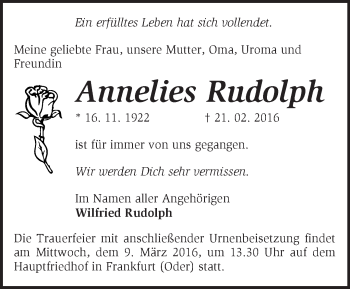 Traueranzeige von Annelies Rudolph von Märkische Oderzeitung