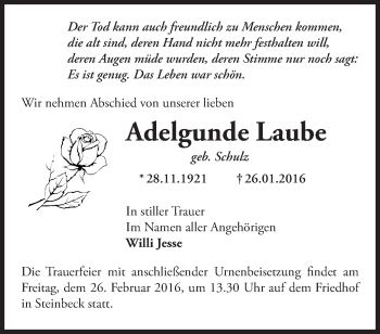 Traueranzeige von Adelgunde Laube von Märkische Oderzeitung