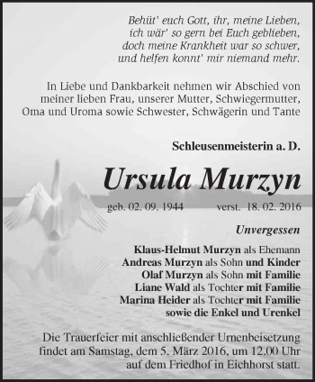 Traueranzeige von Ursula Murzyn von Märkische Oderzeitung