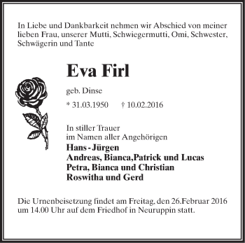 Traueranzeige von Eva Firl von Märkische Oderzeitung