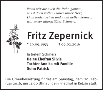 Traueranzeige von Fritz Zepernick von Märkische Oderzeitung