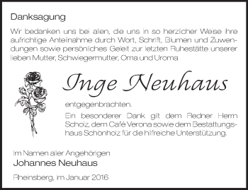 Traueranzeige von Inge Neuhaus von Märkische Oderzeitung