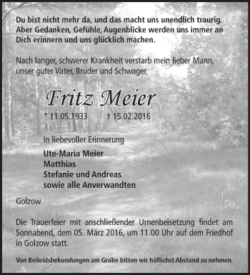 Traueranzeige von Fritz Meier von Märkische Oderzeitung