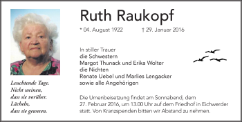 Traueranzeige von Ruth Raukopf von Märkische Oderzeitung