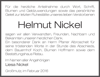 Traueranzeige von Helmut Nickel von Märkische Oderzeitung