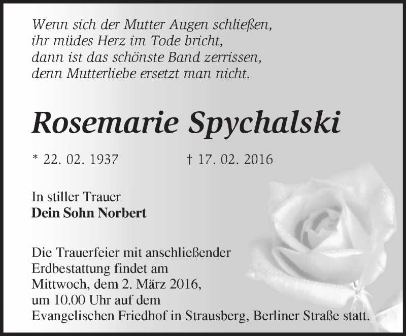  Traueranzeige für Rosemarie Spychalski vom 27.02.2016 aus Märkische Oderzeitung