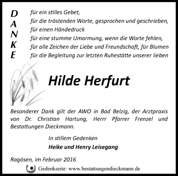 Traueranzeige von Hilde Herfurt von Märkische Oderzeitung