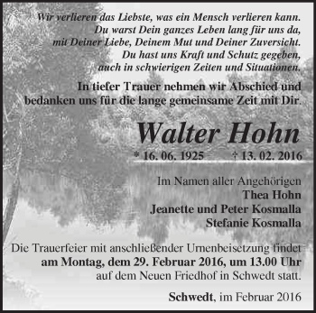 Traueranzeige von Walter Hohn von Märkische Oderzeitung