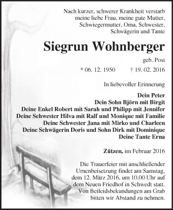 Traueranzeige von Siegrun Wohnberger von Märkische Oderzeitung