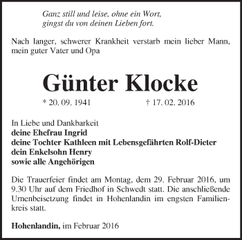 Traueranzeige von Günter Klocke von Märkische Oderzeitung