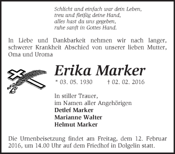 Traueranzeige von Erika Marker von Märkische Oderzeitung