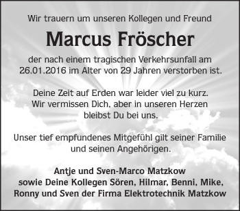 Traueranzeige von Marcus Fröscher von Märkische Oderzeitung