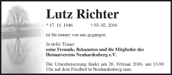 Traueranzeige von Lutz Richter von Märkische Oderzeitung