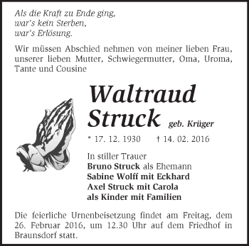 Traueranzeige von Waltraud Struck von Märkische Oderzeitung