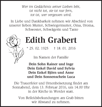 Traueranzeige von Edith Grabert von Märkische Oderzeitung