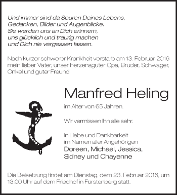 Traueranzeige von Manfred Heling von Märkische Oderzeitung