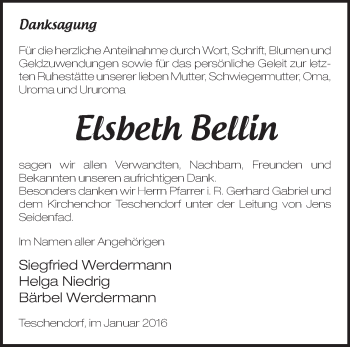 Traueranzeige von Elsbeth Bellin von Märkische Oderzeitung