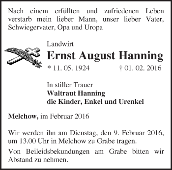 Traueranzeige von Ernst August Hanning von Märkische Oderzeitung