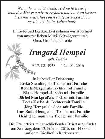 Traueranzeige von Irmgard Hempel von Märkische Oderzeitung