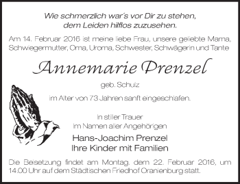 Traueranzeige von Annemarie Prenzel von Märkische Oderzeitung