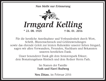 Traueranzeige von Irmgard Kelling von Märkische Oderzeitung