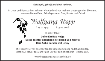 Traueranzeige von Wolfgang Hopp von Märkische Oderzeitung