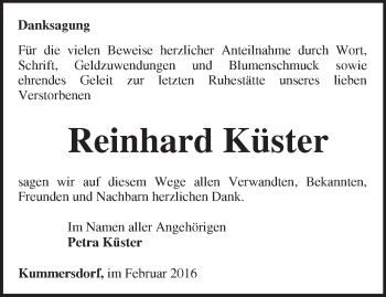 Traueranzeige von Reinhard Küster von Märkische Oderzeitung