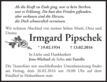 Traueranzeige von Irmgard Pipschek von Märkische Oderzeitung