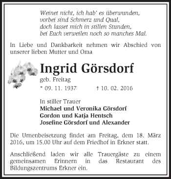 Traueranzeige von Ingrid Görsdorf von Märkische Oderzeitung