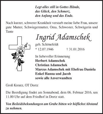 Traueranzeige von Ingrid Adamschek von Märkische Oderzeitung