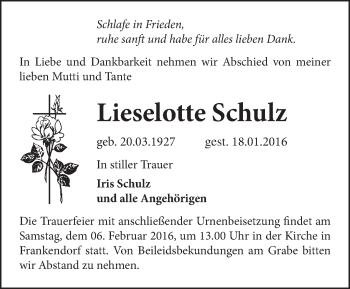 Traueranzeige von Lieselotte Schulz von Märkische Oderzeitung