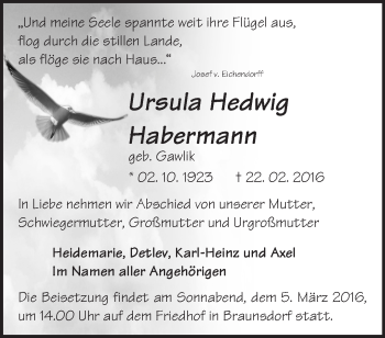 Traueranzeige von Ursula Hedwig Habermann von Märkische Oderzeitung