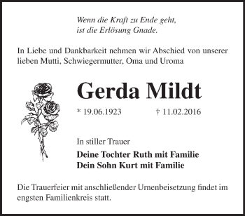 Traueranzeige von Gerda Mildt von Märkische Oderzeitung