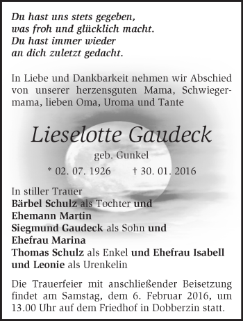 Traueranzeige von Lieselotte Gaudeck von Märkische Oderzeitung