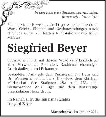 Traueranzeige von Siegfried Beyer von Märkische Oderzeitung