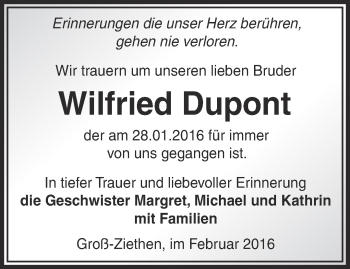 Traueranzeige von Wilfried Dupont von Märkische Oderzeitung