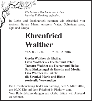 Traueranzeige von Ehrenfried Walther von Märkische Oderzeitung