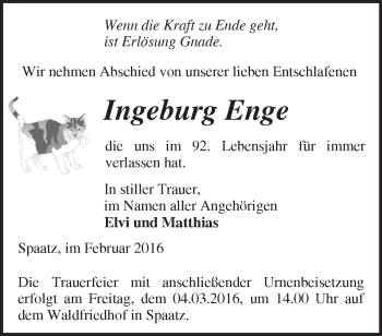 Traueranzeige von Ingeburg Enge von Märkische Oderzeitung