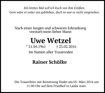 Traueranzeige von Uwe Wetzel von Märkische Oderzeitung