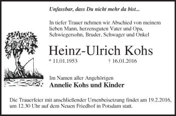 Traueranzeige von Heinz-Ulrich Kohs von Märkische Oderzeitung