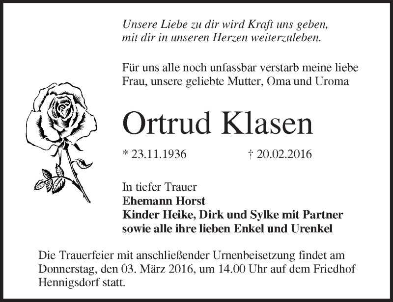  Traueranzeige für Ortrud Klasen vom 27.02.2016 aus Märkische Oderzeitung