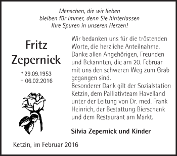 Traueranzeige von Fritz Zepernick von Märkische Oderzeitung