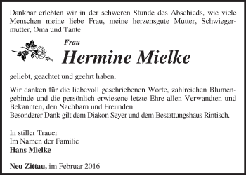 Traueranzeige von Hermine Mielke von Märkische Oderzeitung