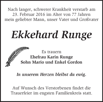 Traueranzeige von Ekkehard Runge von Märkische Oderzeitung