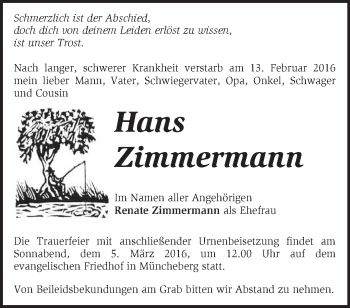 Traueranzeige von Hans Zimmermann von Märkische Oderzeitung